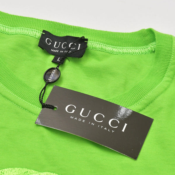 New and unused GUCCI Gucci Interlocking G Embroidered Cotton Jersey T-shirt 1155 Bright Green Cut and Sewn L Size Used 4a005057