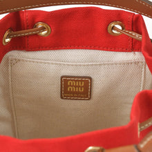 将图片加载到图库查看器，新品同様品 MIU MIU ミュウミュウ キャンバス レザー バックパック レッド ブラウン ゴールド金具 5BZ043 中古 4a005099