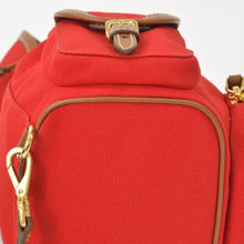 将图片加载到图库查看器，新品同様品 MIU MIU ミュウミュウ キャンバス レザー バックパック レッド ブラウン ゴールド金具 5BZ043 中古 4a005099