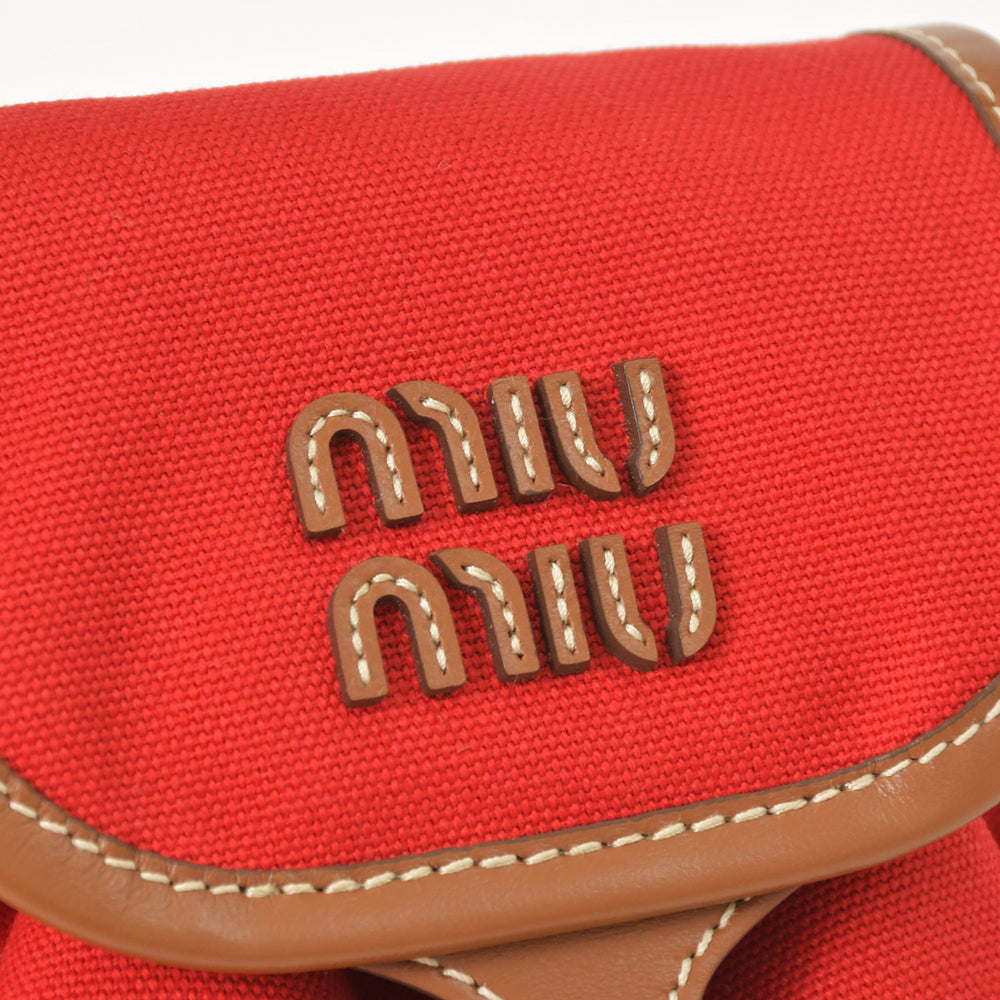 新品同様品 MIU MIU ミュウミュウ キャンバス レザー バックパック レッド ブラウン ゴールド金具 5BZ043 中古 4a005099