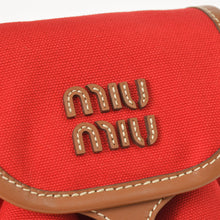 将图片加载到图库查看器，新品同様品 MIU MIU ミュウミュウ キャンバス レザー バックパック レッド ブラウン ゴールド金具 5BZ043 中古 4a005099