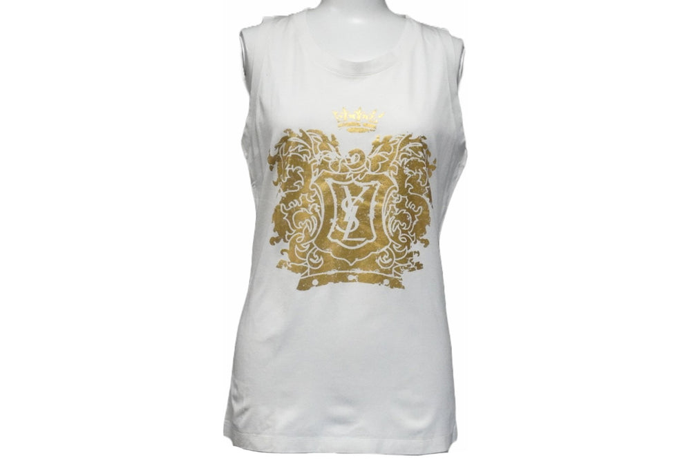 YVES SAINT LAURENT Yves Saint Laurent Cassandra Tank Top Sleeveless White Gold Cotton Size S Good Condition Used 51698