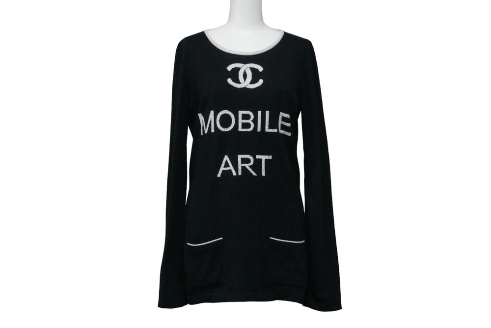 CHANEL Knit Tops Cocomark Mobile Art 08A Black White Cotton Cashmere Size 38 Good Used 52803