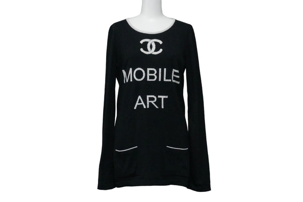 CHANEL Knit Tops Cocomark Mobile Art 08A Black White Cotton Cashmere Size 38 Good Used 52803