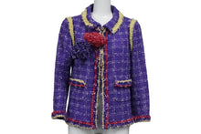 画像をギャラリービューアに読み込む, CHANEL シャネル ツイードジャケット カメリア エパレト 06P P28594 パープル レッド イエロー サイズ34 美品 中古 54051