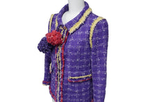 画像をギャラリービューアに読み込む, CHANEL シャネル ツイードジャケット カメリア エパレト 06P P28594 パープル レッド イエロー サイズ34 美品 中古 54051