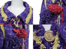 画像をギャラリービューアに読み込む, CHANEL シャネル ツイードジャケット カメリア エパレト 06P P28594 パープル レッド イエロー サイズ34 美品 中古 54051