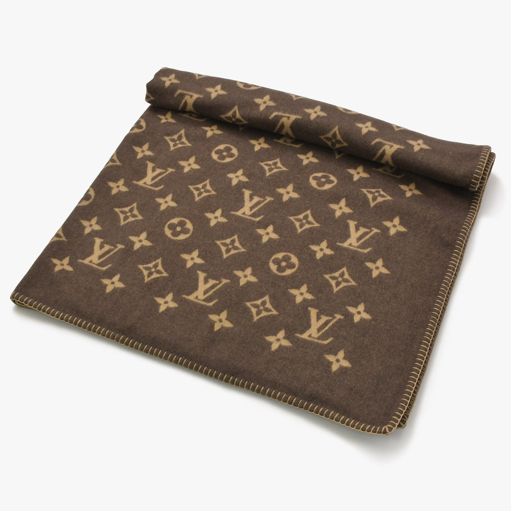 新品同様 LOUIS VUITTON ルイヴィトン プレッド ネオ モノグラム ブランケット M70439 ウール カシミヤ ブラウン ベージュ 中古 4a005447