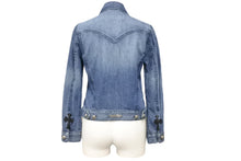 画像をギャラリービューアに読み込む, CHROME HEARTS クロムハーツ セメタリークロスパッチ デニムジャケット ホースシューボタン ブルー SV925 サイズS 美品 中古 55354