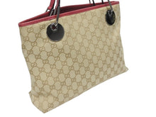 画像をギャラリービューアに読み込む, 極美品 GUCCI グッチ トートバッグ ハンドバッグ 120837 GGキャンバス レザー ベージュ レッド ブラックメタル金具 中古 4b005548