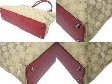 画像をギャラリービューアに読み込む, 極美品 GUCCI グッチ トートバッグ ハンドバッグ 120837 GGキャンバス レザー ベージュ レッド ブラックメタル金具 中古 4b005548