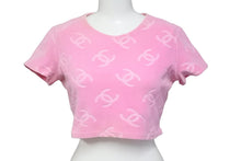 画像をギャラリービューアに読み込む, CHANEL シャネル ヴィンテージ 半袖Ｔシャツ チビT ココマーク クロップド ベロア ピンク 品質タグ無し 良品 中古 55843