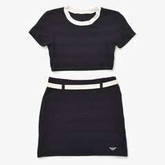 EMPORIO ARMANI エンポリオ アルマーニ リブニットトップス プリーツスカート セットアップ D-TK-6246 ネイビー ホワイト Mサイズ イーグルロゴパッチ 美品 中古 4a005688