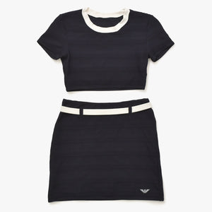 EMPORIO ARMANI エンポリオ アルマーニ リブニットトップス プリーツスカート セットアップ D-TK-6246 ネイビー ホワイト Mサイズ イーグルロゴパッチ 美品 中古 4a005688