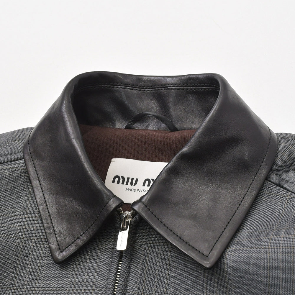 極美品 MIU MIU ミュウミュウ プリンス オブ ウェールズチェック & ボンデッドジャージー ブルゾンジャケット ML1325 グレンチェック柄 グレー ブラウン 36サイズ シルバー金具 中古 4a005702