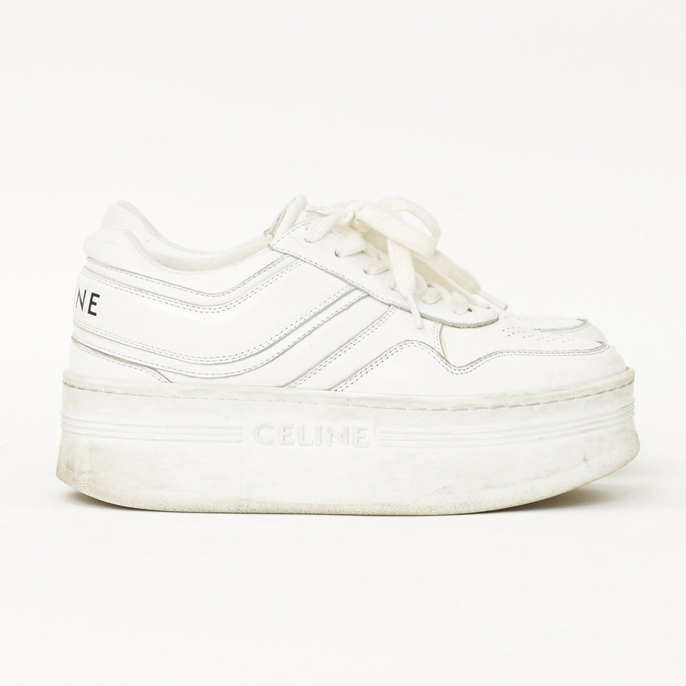 CELINE Block Logo Sneakers White Leather Shoes Thick Sole Low Cut RM0262 Size 36 Good Used 4a005704