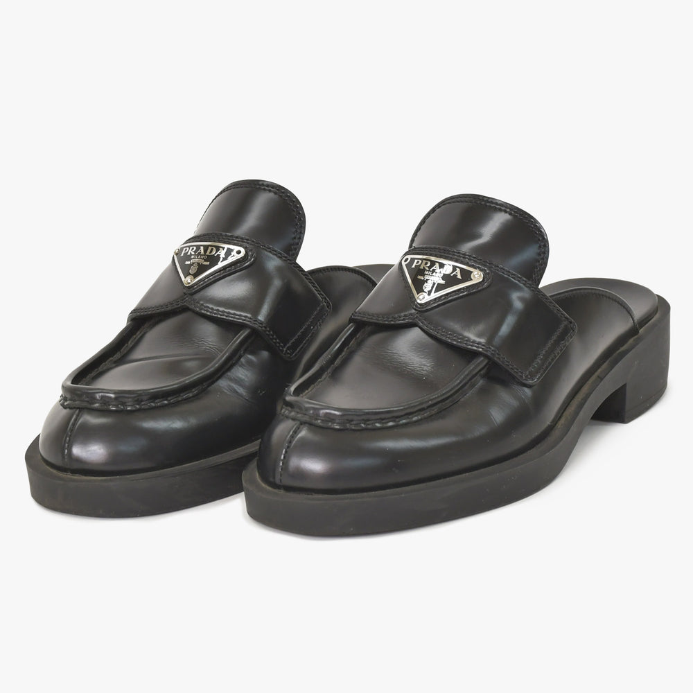 PRADA プラダ ブラッシュドレザー トライアングルロゴ ミュール 1D652M スリッポンシューズ サンダル ブラック 36サイズ シルバー金具 美品 中古 4a005705
