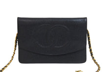 画像をギャラリービューアに読み込む, CHANEL シャネル ココマーク チェーンウォレット 4番台 長財布 キャビアスキン ブラック ゴールド金具 美品 中古 57114
