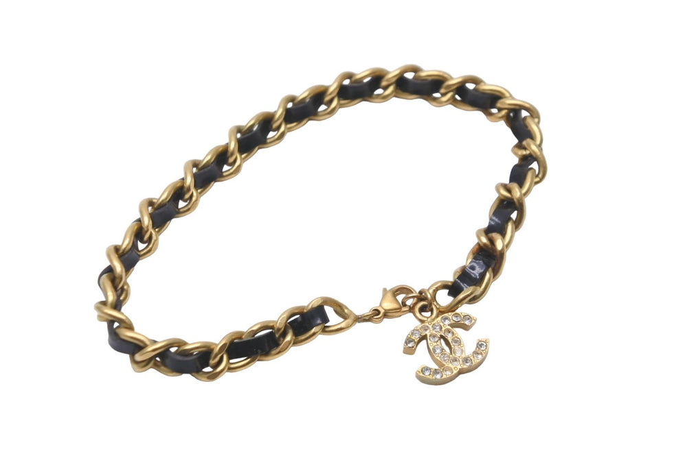 CHANEL Bracelet 95P Coco Mark Rhinestone Leather Black Gold Hardware Good Condition Used 57344