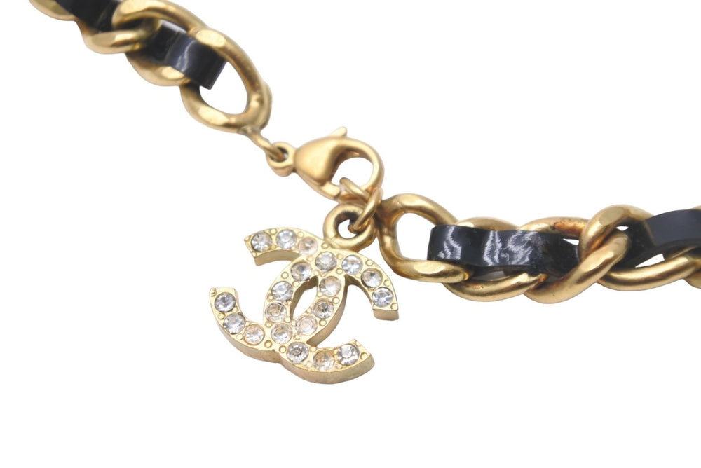 CHANEL Bracelet 95P Coco Mark Rhinestone Leather Black Gold Hardware Good Condition Used 57344