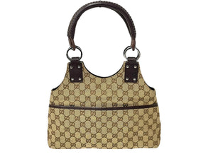 GUCCI グッチ トートバッグ ハンドバッグ GGキャンバス レザー ベージュ ブラウン 131329 シルバー金具 美品 中古 58040