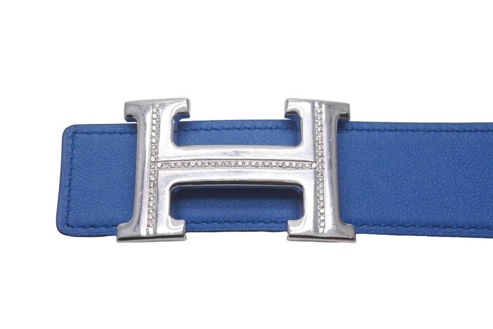 HERMES エルメス ベルト バックル Hロゴ ダイヤ □O刻 リバーシブル ブルー ホワイト サイズ90 シルバー金具 美品 中古 58317