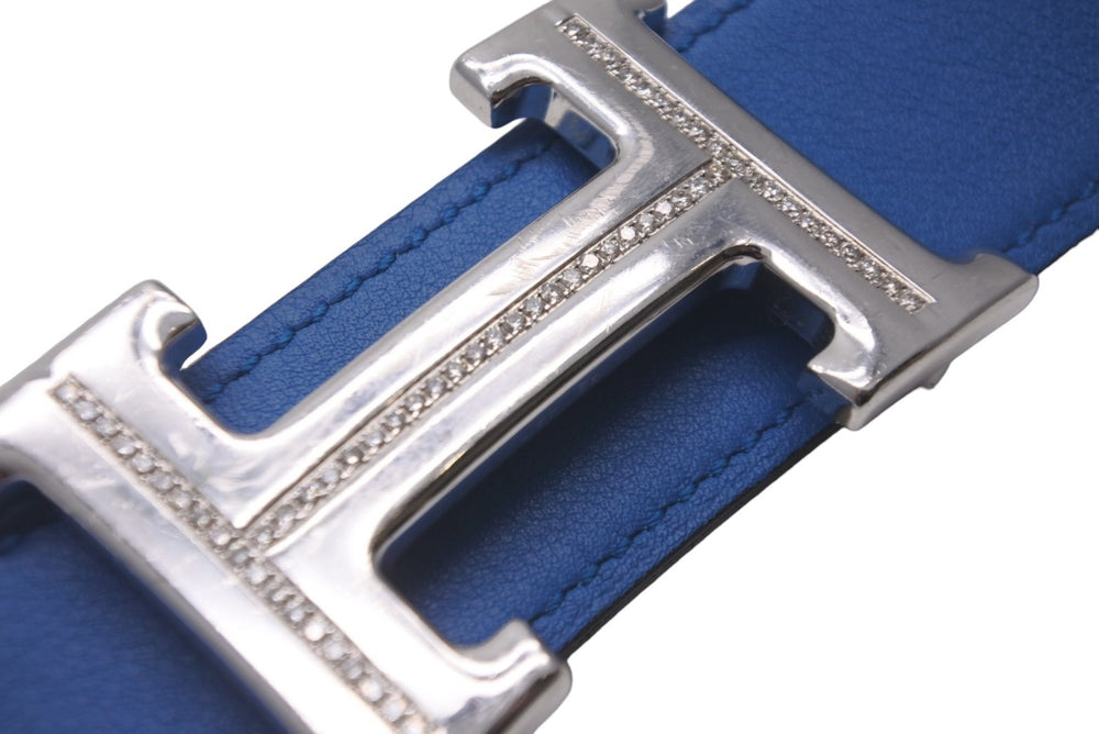 HERMES エルメス ベルト バックル Hロゴ ダイヤ □O刻 リバーシブル ブルー ホワイト サイズ90 シルバー金具 美品 中古 58317