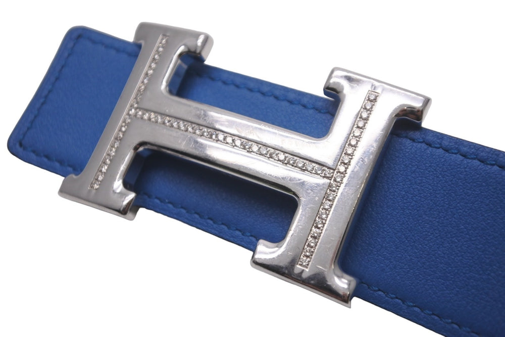HERMES エルメス ベルト バックル Hロゴ ダイヤ □O刻 リバーシブル ブルー ホワイト サイズ90 シルバー金具 美品 中古 58317
