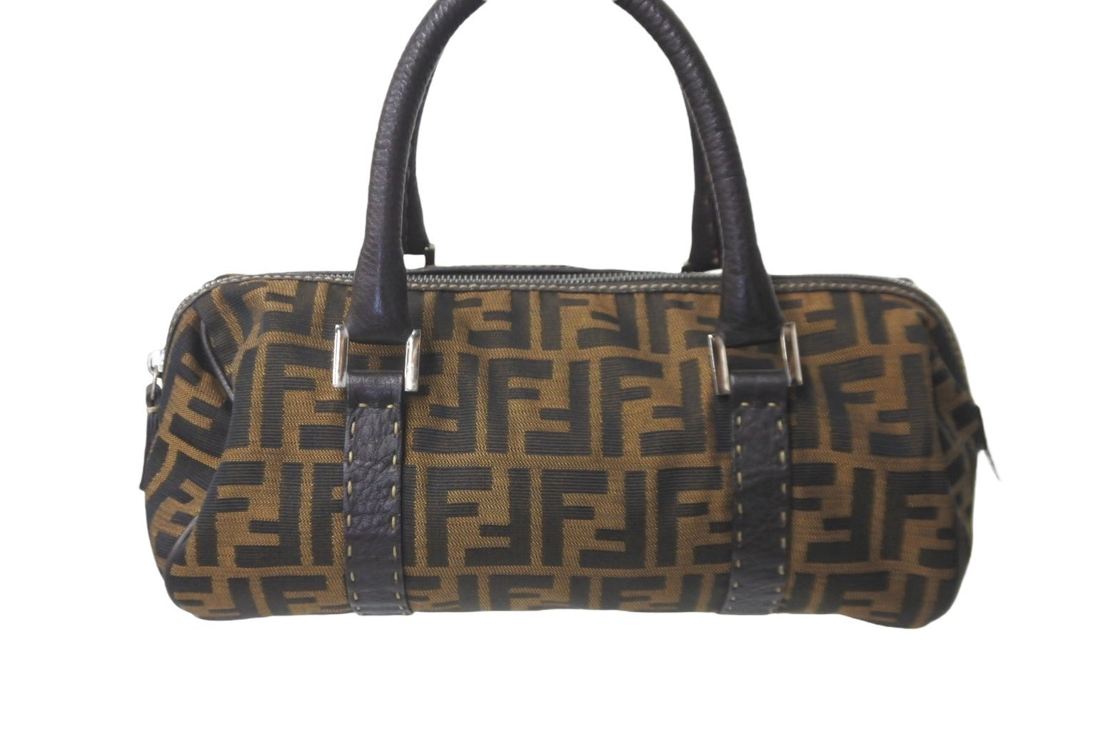 FENDI フェンディ ボストンバッグ ハンドバッグ ズッカ柄 コットンキャンバス レザー ブラウン シルバー金具 美品 中古 58553 –  Casanova Vintage