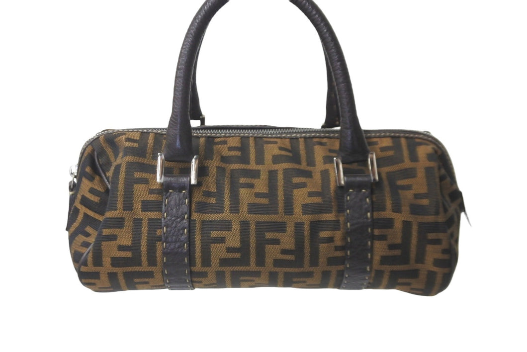 FENDI フェンディ ボストンバッグ ハンドバッグ ズッカ柄 コットンキャンバス レザー ブラウン シルバー金具 美品 中古 58553