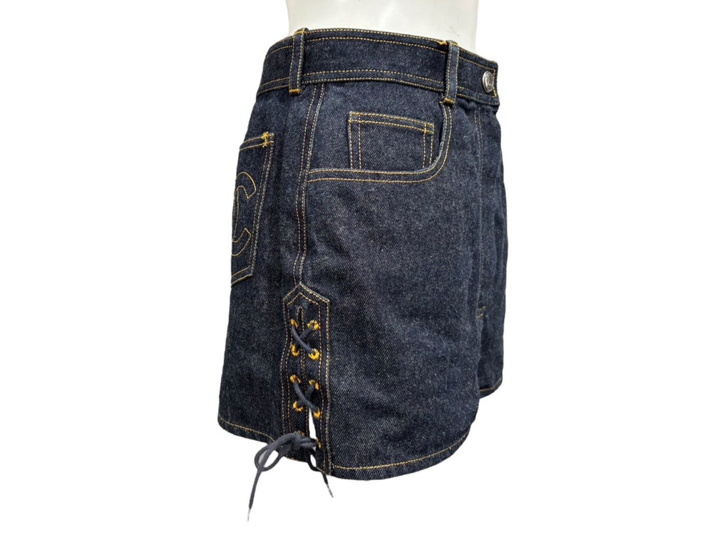 CHANEL Shorts Skirt Here Mark Denim Navy Cotton Size 40 P07818V05664 Good Condition Used 59736