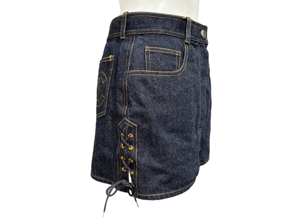 CHANEL Shorts Skirt Here Mark Denim Navy Cotton Size 40 P07818V05664 Good Condition Used 59736