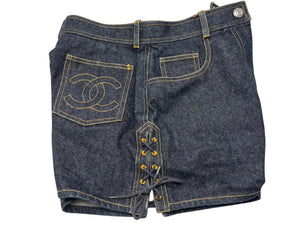 CHANEL Shorts Skirt Here Mark Denim Navy Cotton Size 40 P07818V05664 Good Condition Used 59736
