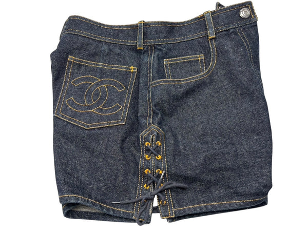 CHANEL Shorts Skirt Here Mark Denim Navy Cotton Size 40 P07818V05664 Good Condition Used 59736