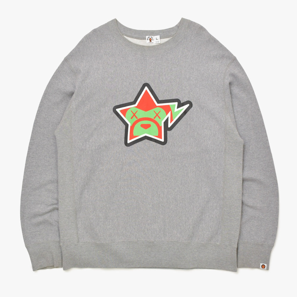A BATHING APE ア ベイシング エイプ × カウズ BABY MILO BAPESTA FACE クルーネックスウェット グレー バベスタ ベビーマイロ NIGO期 Lサイズ 美品 中古 4a005980
