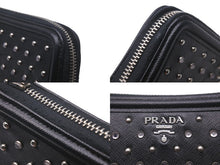 Load image into Gallery viewer, PRADA プラダ 長財布 ラウンドファスナー スタッズ ブラック レザー 1M0506 シルバー金具 美品 中古 59888