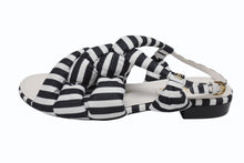 Load image into Gallery viewer, 新品未使用 CHANEL シャネル サンダル ミュール サイズ40 ココマーク ストライプ柄 ホワイト ブラック ゴールド レザー 中古 4b005998