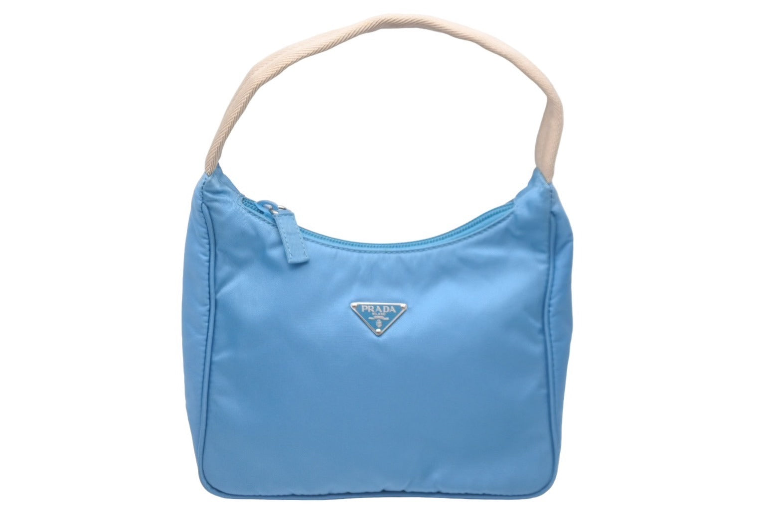 PRADA プラダ ホーボー ハンドバッグ ブルー 水色 ナイロン トライアングルロゴ 鞄 手持ち ワンショルダー 美品 中古 60130 –  Casanova Vintage
