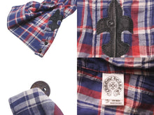 画像をギャラリービューアに読み込む, CHROME HEARTS クロムハーツ 長袖チェックシャツ BSフレアボタン BSフレアパッチ レッド ブルー サイズXL 美品 中古 60190