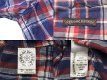 画像をギャラリービューアに読み込む, CHROME HEARTS クロムハーツ 長袖チェックシャツ BSフレアボタン BSフレアパッチ レッド ブルー サイズXL 美品 中古 60190