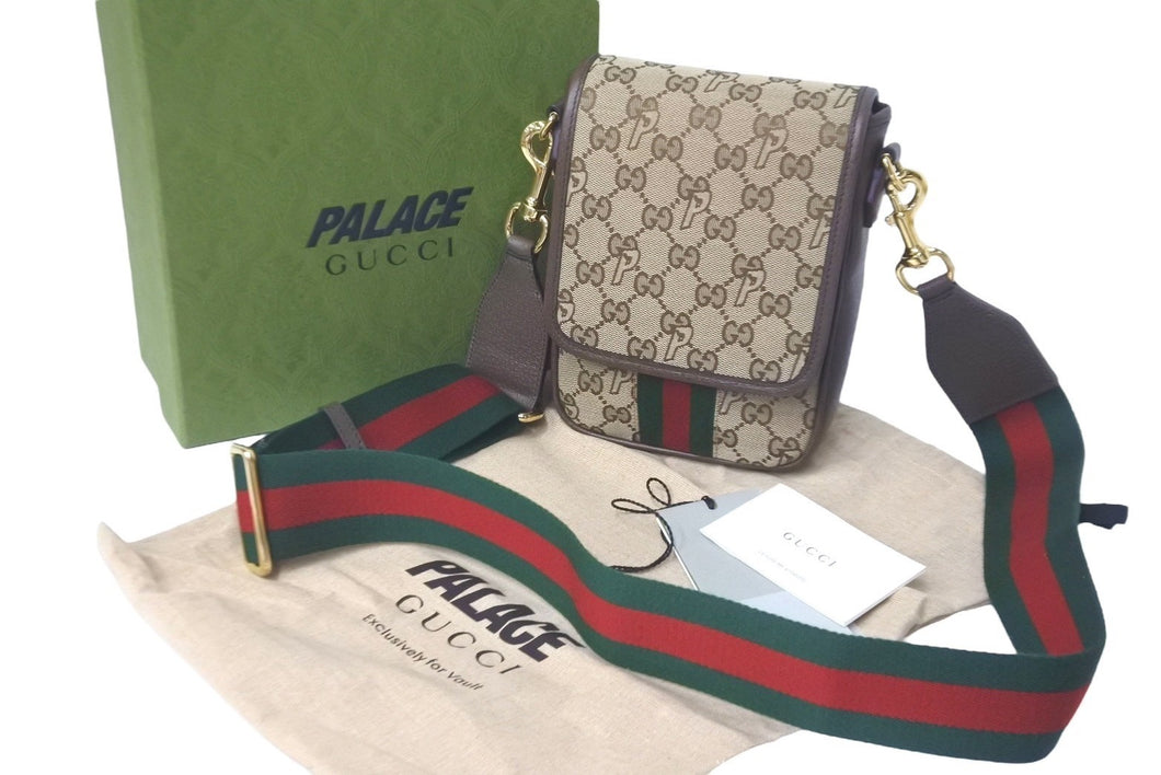 新品同様品 GUCCI × PALACE グッチ×パレス ショルダーバッグ GGキャンバス シェリーライン 723142 ベージュ ブラウン 61005