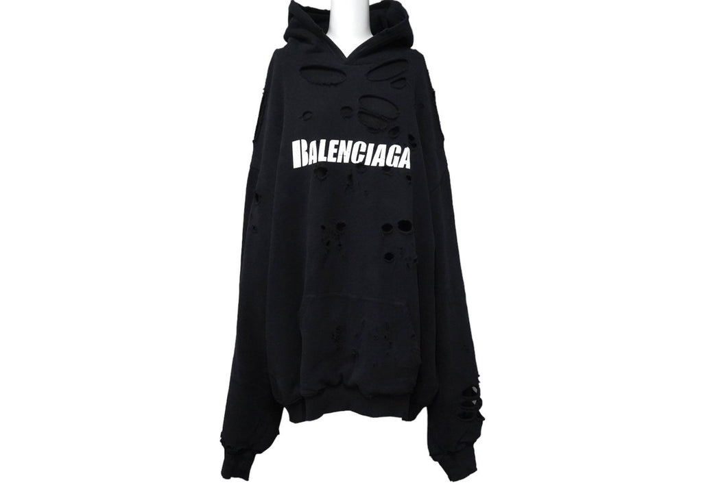 BALENCIAGA バレンシアガ デストロイ フーディー パーカー ダメージ ブラック コットン サイズM 659403 美品 中古 61067