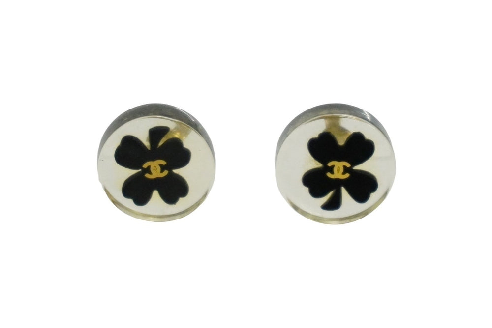 CHANEL Earrings Coco Mark Clover Accessories Black Gold Hardware Good Used 61475