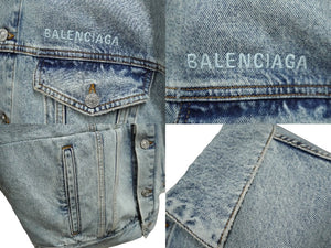 極美品 BALENCIAGA バレンシアガ TWISTED SLEEVE デニムジャケット 706654 ウォッシュ加工 インディゴ ロゴ刺繍 2022年AW 中古 61560