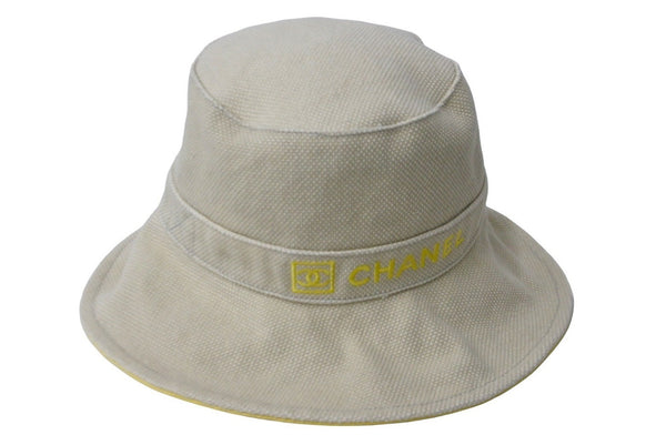 CHANEL CHANEL Sports Line Logo Bucket Hat Yellow Beige Here Mark Hat Accessory Size 57 Good Condition Used 61618