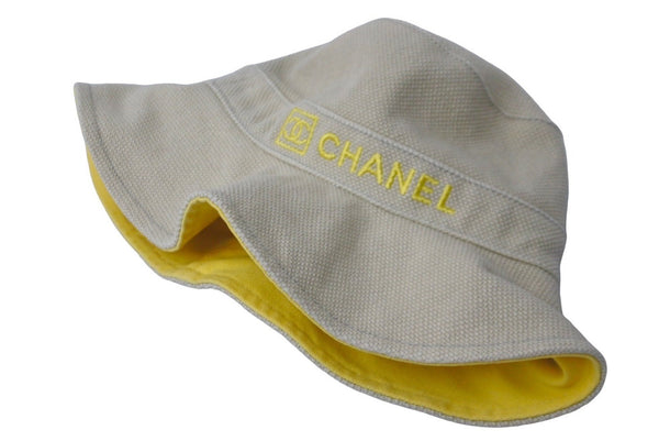 CHANEL CHANEL Sports Line Logo Bucket Hat Yellow Beige Here Mark Hat Accessory Size 57 Good Condition Used 61618