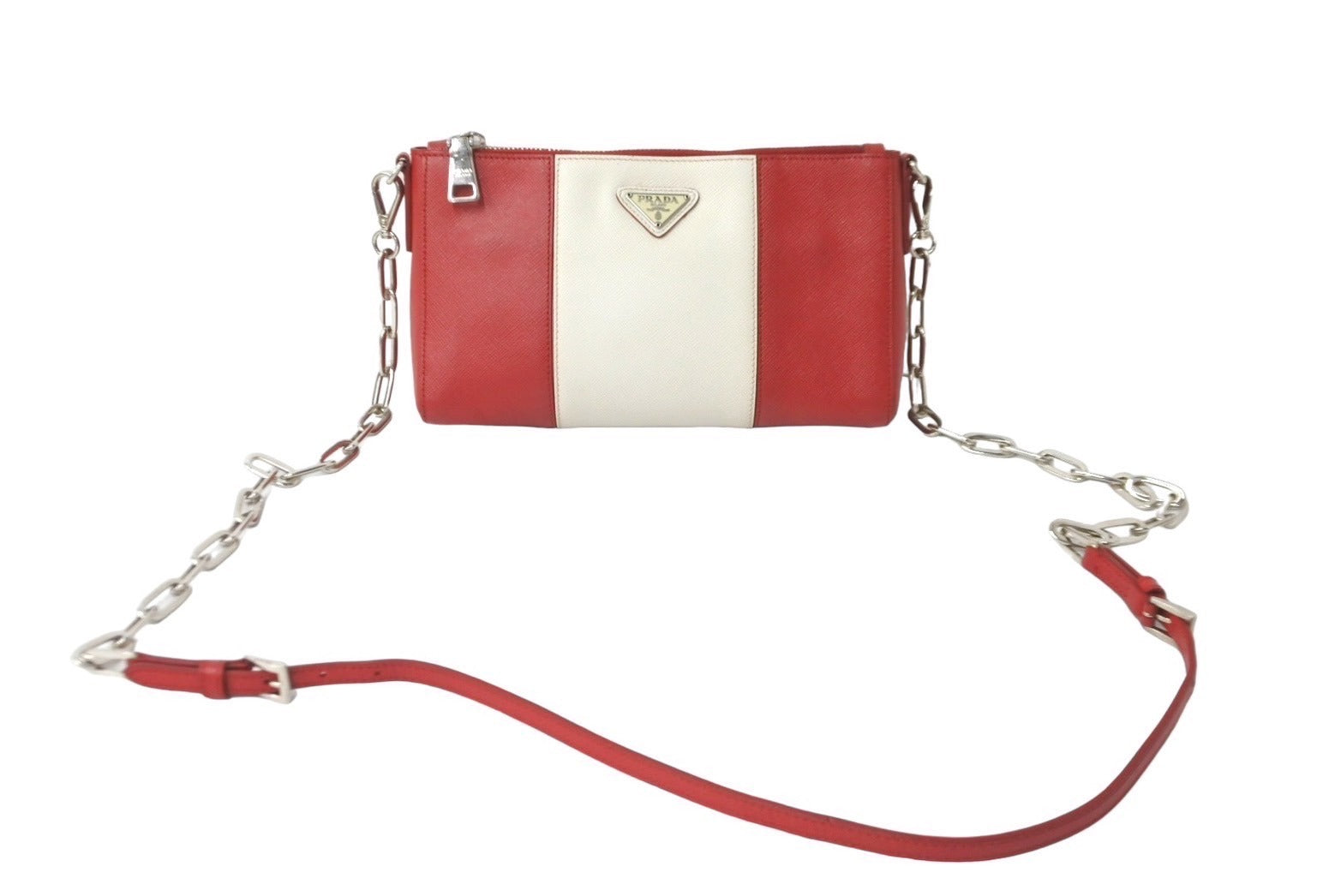 PRADA プラダ ショルダーバッグ サフィアーノレザー チェーンショルダー トライアングルロゴ レッド ホワイト 美品 中古 61629 –  Casanova Vintage