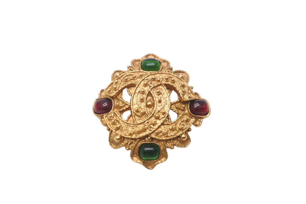 CHANEL シャネル カラーストーン ゴールド ブローチ 94A グリーン レッド ゴールド金具 アクセサリー 美品 中古 61781