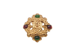 CHANEL Colored Stone Gold Brooch 94A Green Red Gold Hardware Accessory Good Condition Used 61781