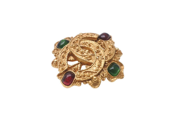 CHANEL Colored Stone Gold Brooch 94A Green Red Gold Hardware Accessory Good Condition Used 61781
